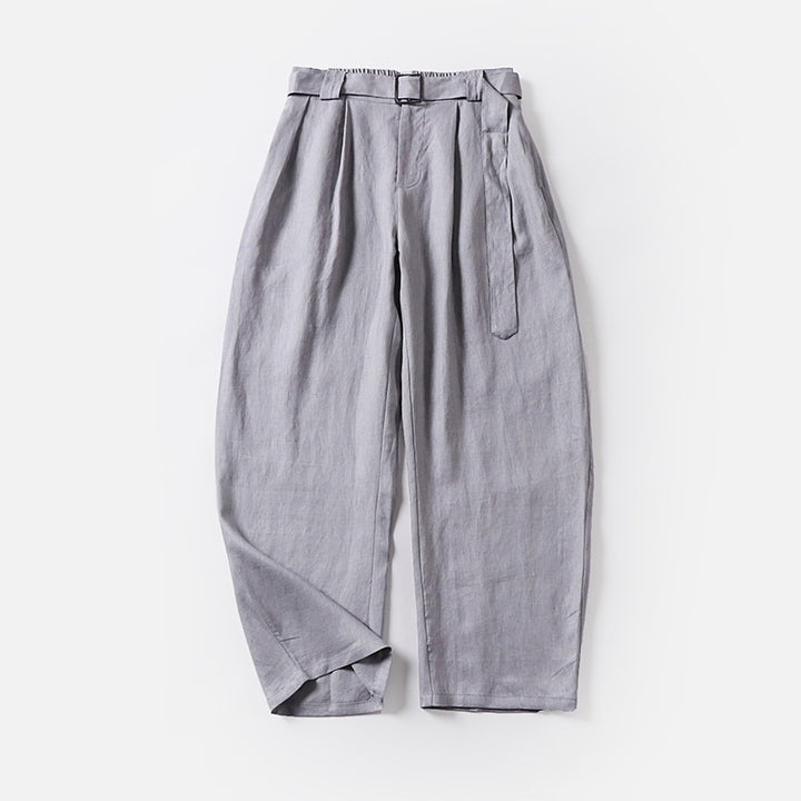 Damen Hochtaillierte Leinen-Baumwoll Bundfaltenhose mit Bindegürtel und tapered Bein Echoarchiv