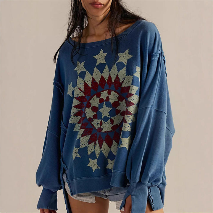 Damen oversized Sweatshirt mit Rüben-Print, ausgefransten Nahtakzenten und Daumenlochärmeln – Avérine