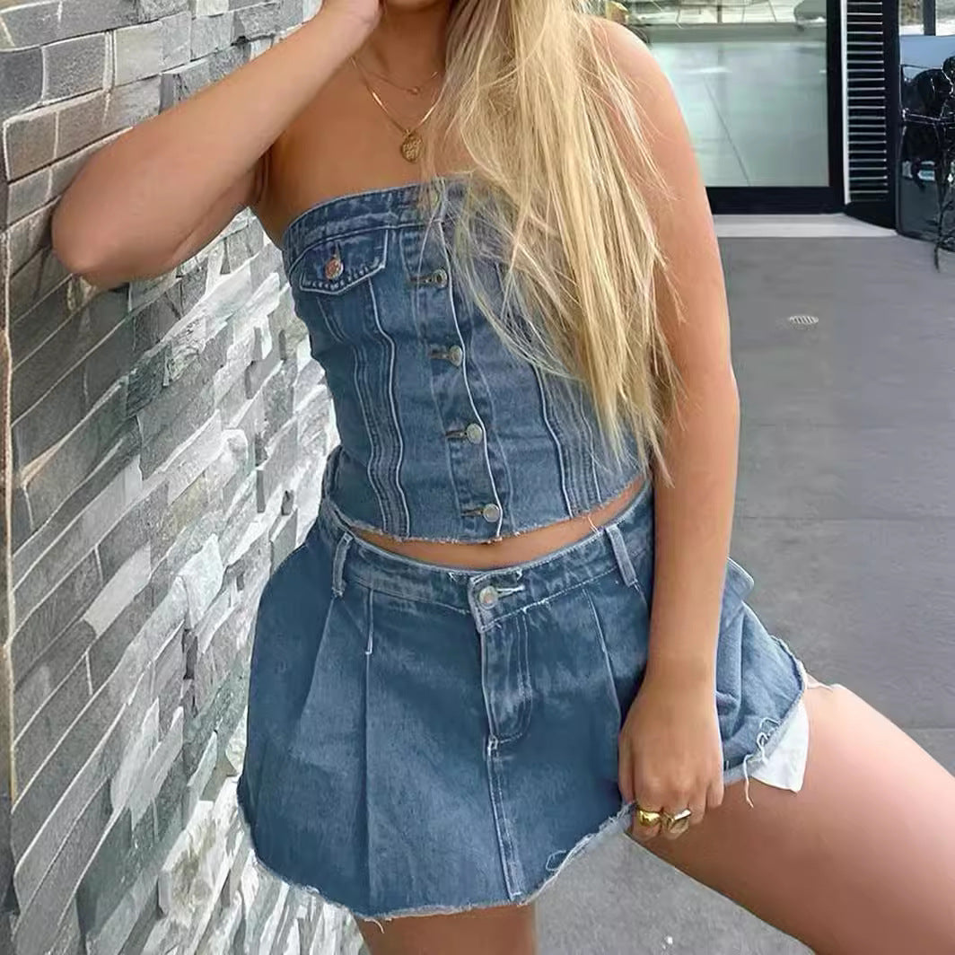 Damen Denim-Crop-Top mit gestricktem Überwurf Echo Archiv