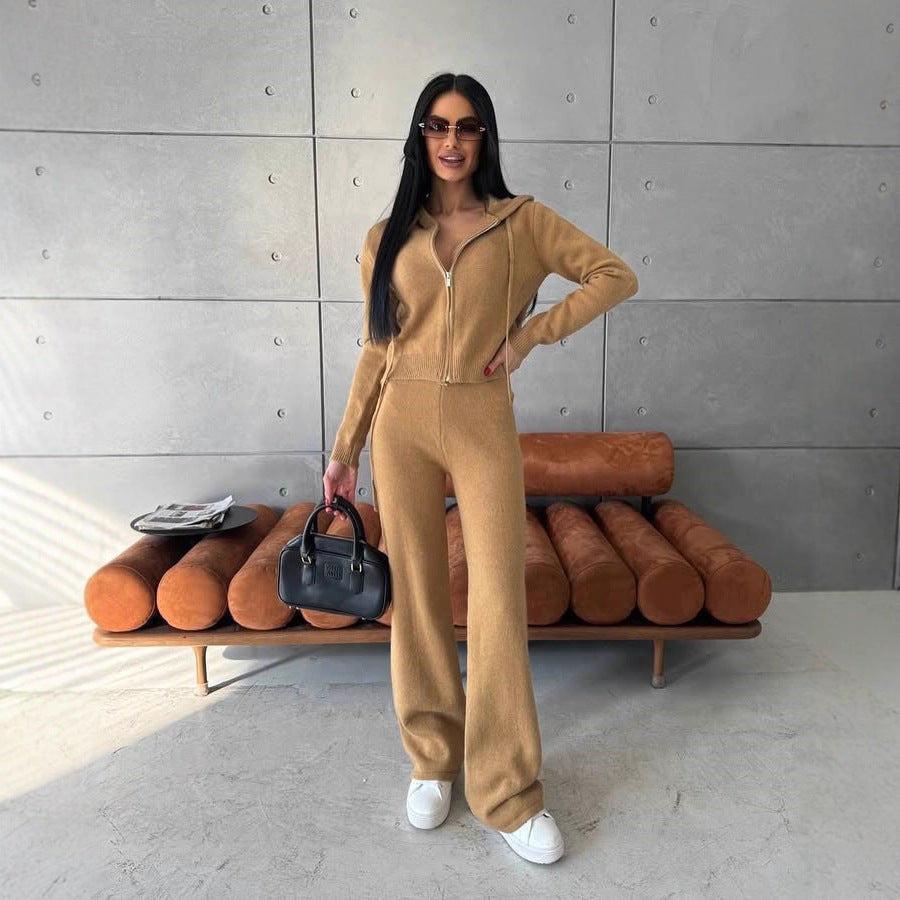 Damen Feinstrick-Loungewear-Set mit taillierter Kapuzenzipjacke und weiter Palazzo-Hose – Élanora
