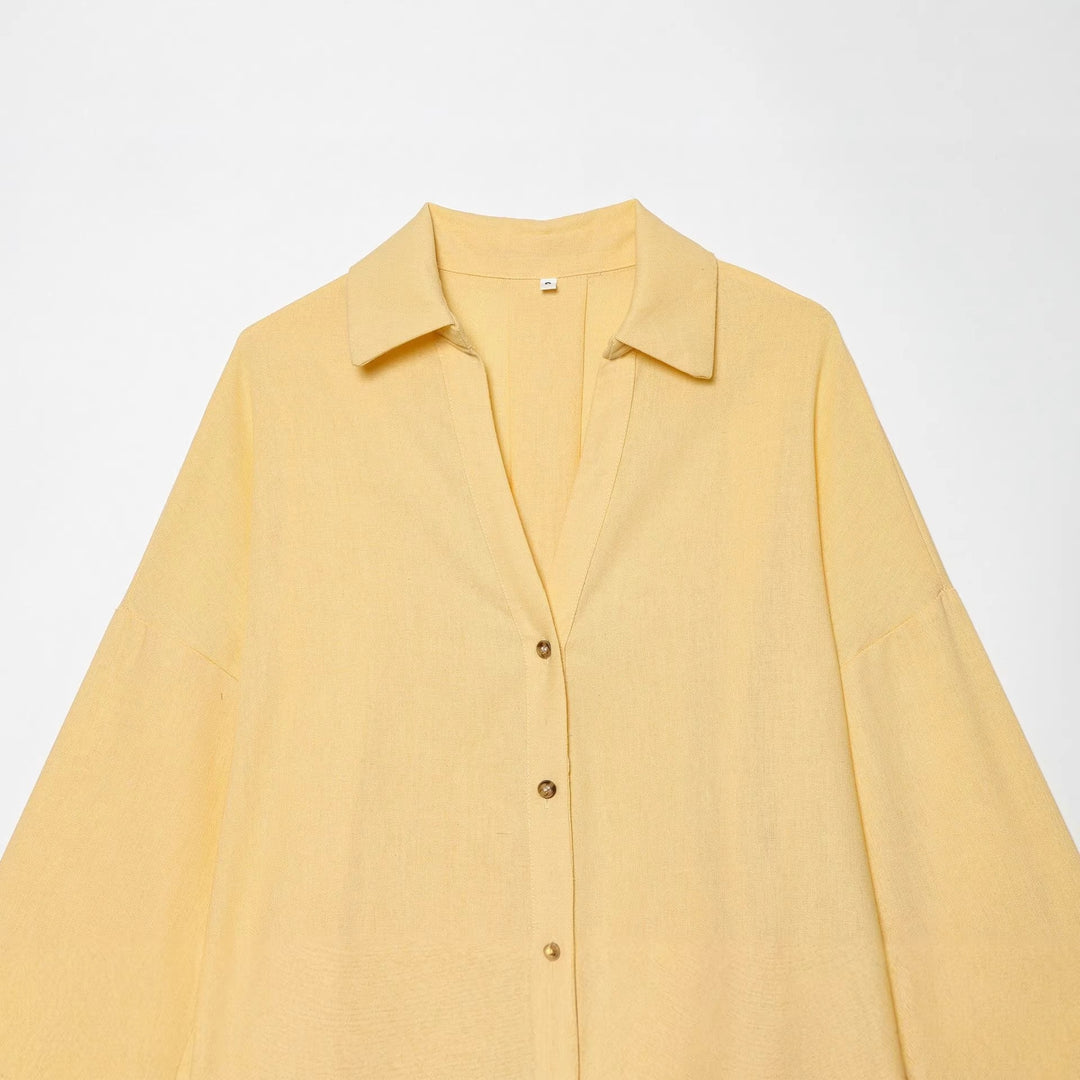 Damen Oversized Leinenbluse mit Kimonoärmeln und durchgehender Knopfleiste Echo Archiv