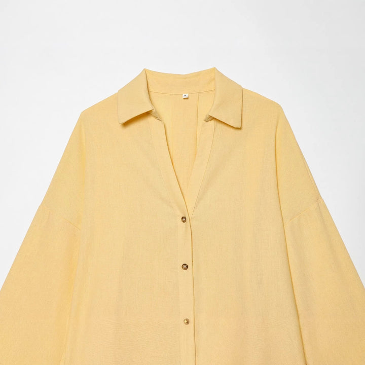 Damen Oversized Leinenbluse mit Kimonoärmeln und durchgehender Knopfleiste Echo Archiv
