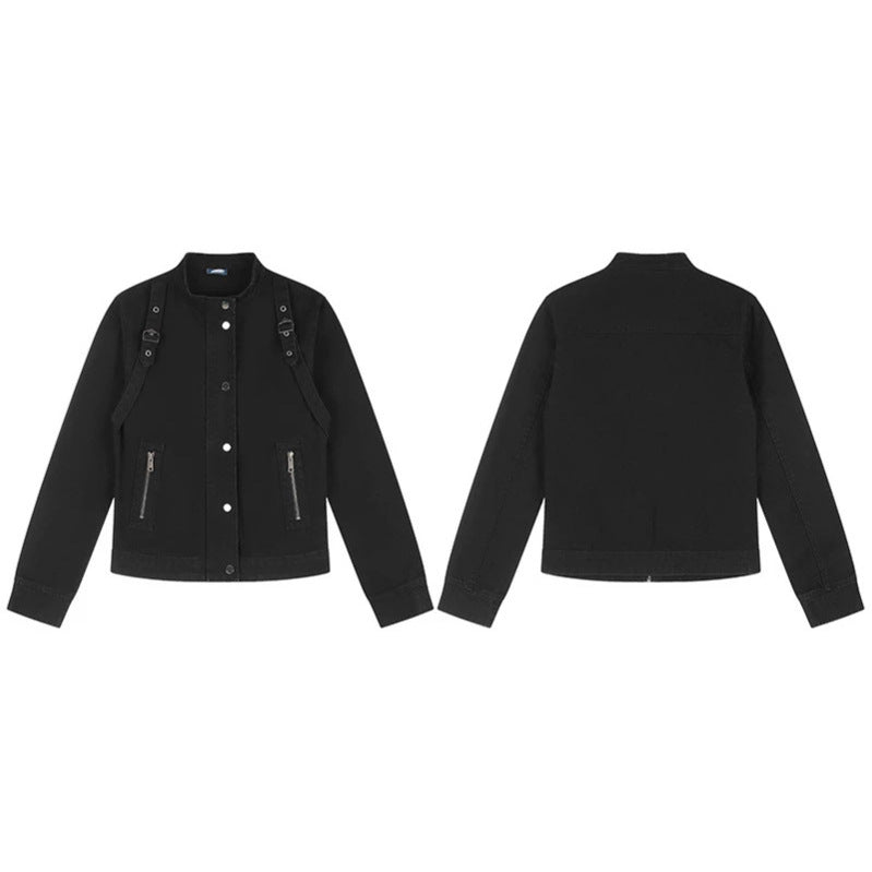 Damen Kurze Utility-Jacke mit Stehkragen, verstellbaren Schulterriemen und Druckknopfverschluss Echoarchiv