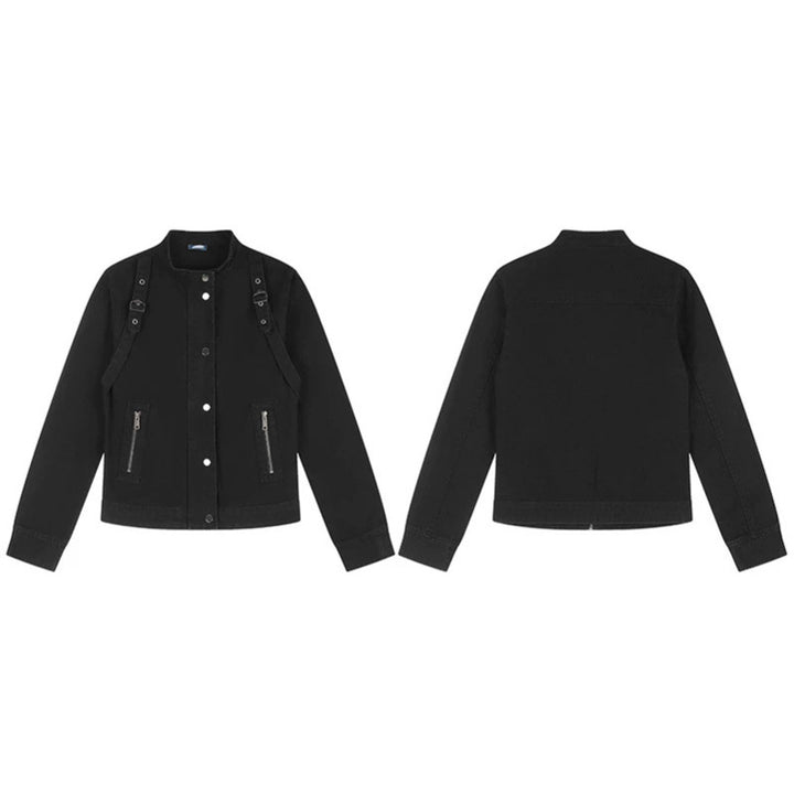 Damen Kurze Utility-Jacke mit Stehkragen, verstellbaren Schulterriemen und Druckknopfverschluss Echoarchiv
