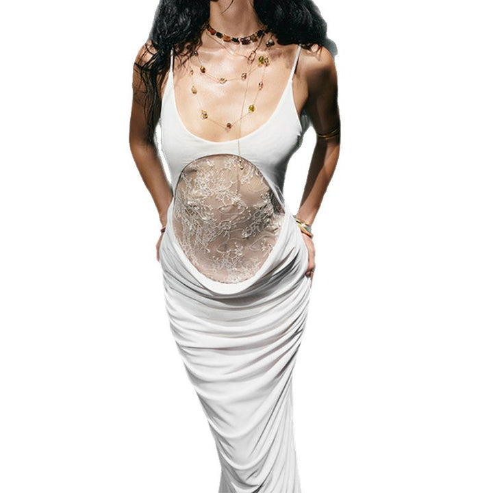 Damen Elegantes langes Kleid mit transparentem Spitzenbesatz und raffinierten Drapierungen Echo Archiv