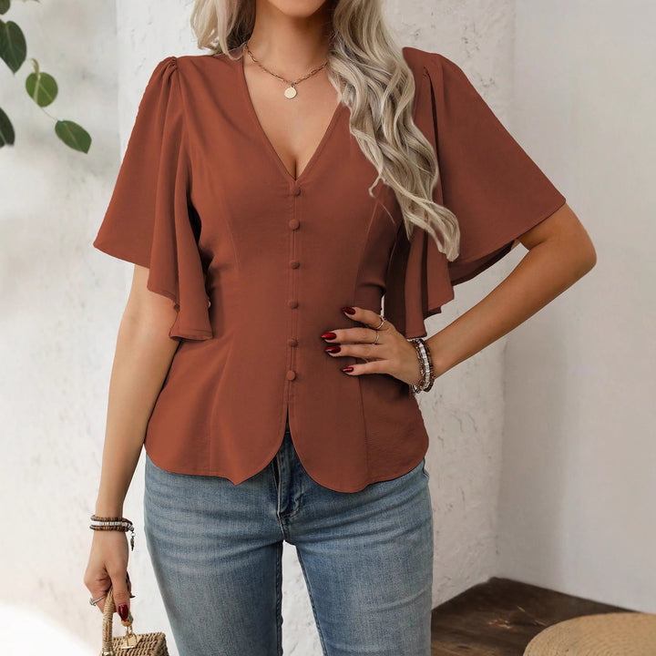 Damen V-Ausschnitt taillierte Bluse mit Schößchen und Volantärmeln – Élovi