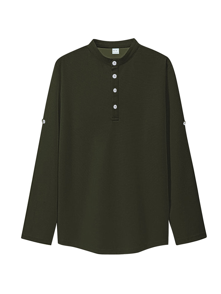 Damen nan oversized Langarm-Henley mit Stehkragen Waffelstruktur und Ärmelsicherung Echo Archiv