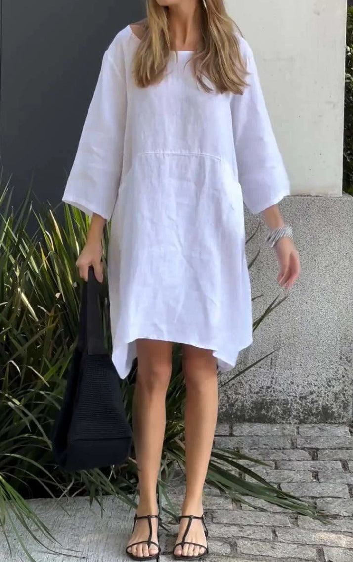 Damen lässiges Leinenkleid mit praktischen Taschen und asymmetrischem Saum Echoarchiv
