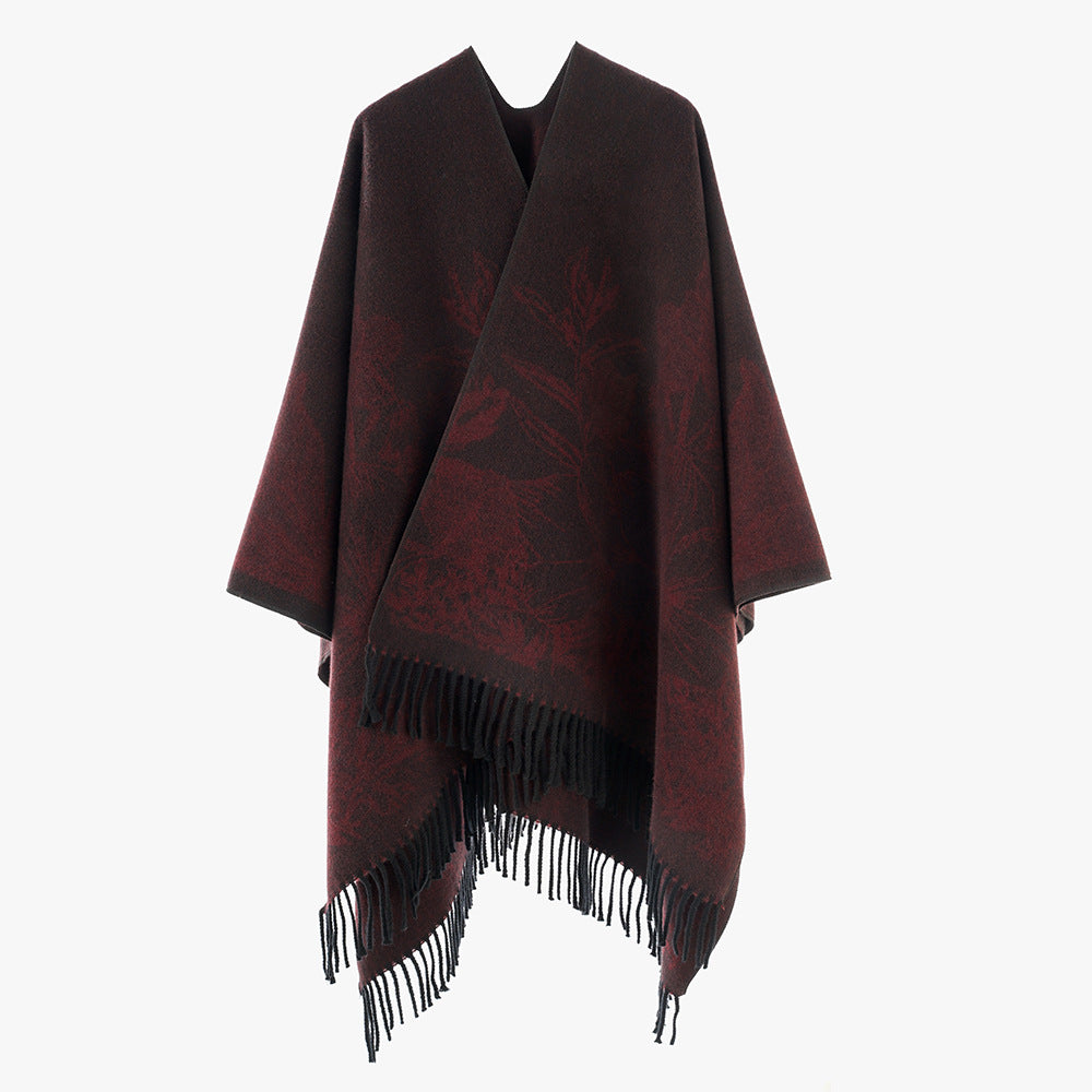 Damen V‑Ausschnitt Cape‑Poncho mit floralem Jacquard und Fransensaum Echo Archiv