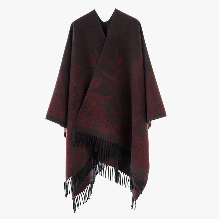 Damen V‑Ausschnitt Cape‑Poncho mit floralem Jacquard und Fransensaum Echo Archiv