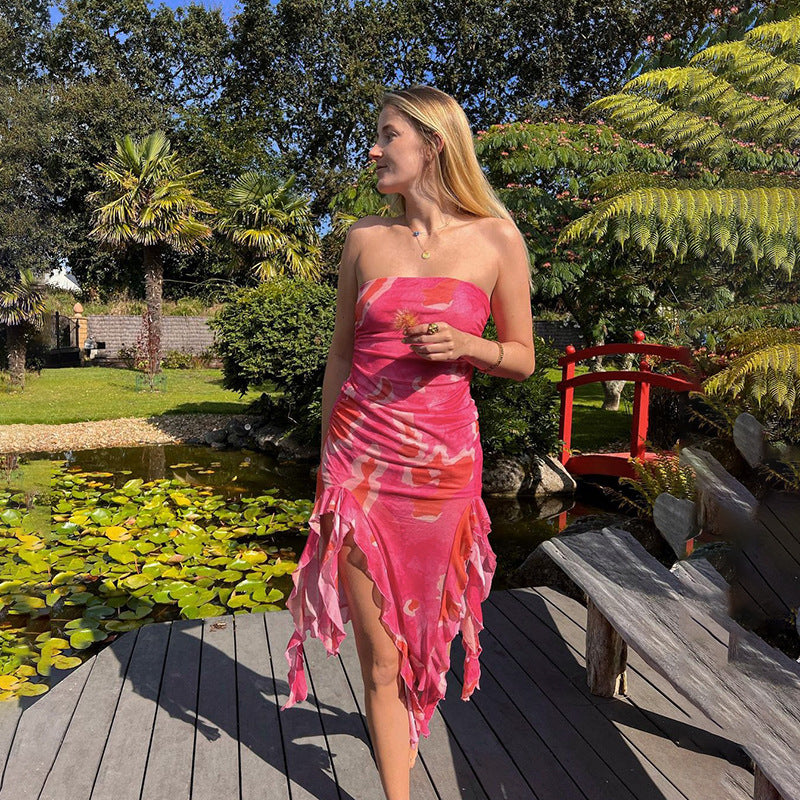 Damen elegantes Rüschenkleid mit trägerlosem Oberteil und asymmetrischem Saum Echo Archiv