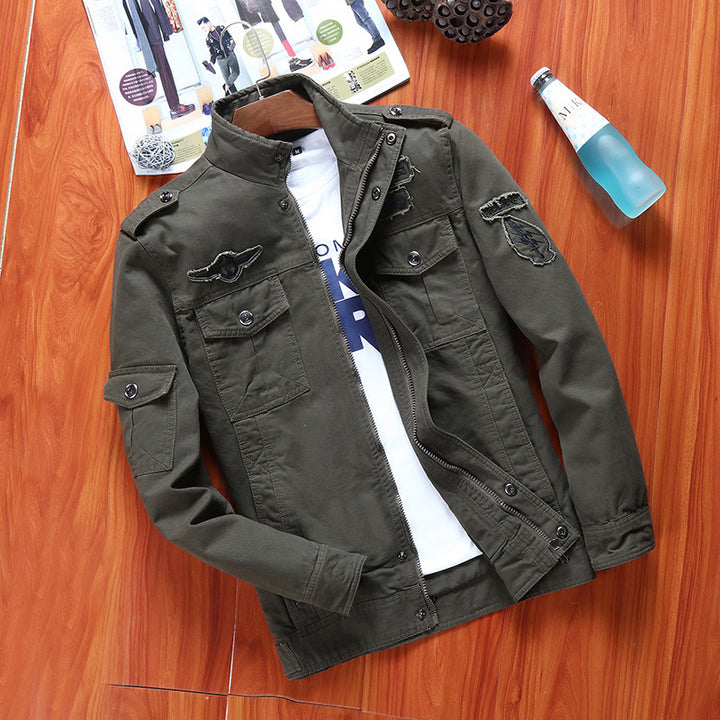 Herren Robust geschnittene Canvas-Combatjacke mit Patches, Stehkragen und Multifunktionspattentaschen Echo Archiv