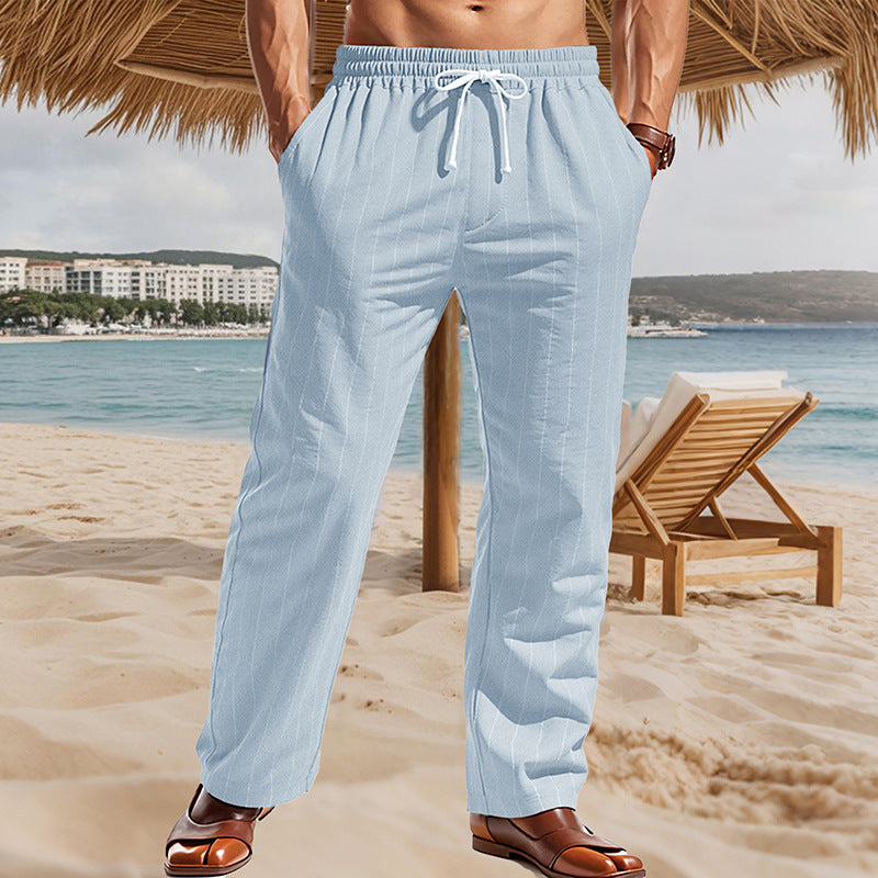 Herren Maritime Leinenoptik-Freizeithose mit Nadelstreifen elastischem Bund und seitlichen Eingrifftaschen – Sorevano