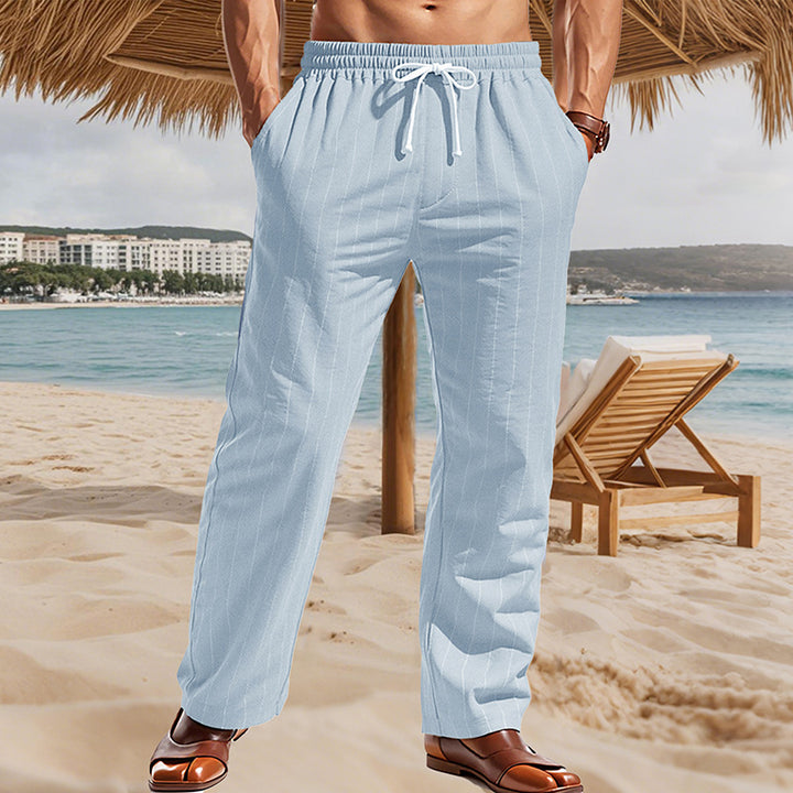 Herren Maritime Leinenoptik-Freizeithose mit Nadelstreifen elastischem Bund und seitlichen Eingrifftaschen – Sorevano