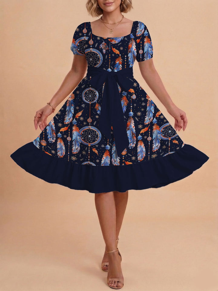 Damen Midikleid mit verspieltem Druck und tailliertem Schnitt Echo Archiv