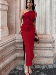 Damen elegantes langärmliges Maxikleid mit asymmetrischem Ausschnitt und Rüschendetails Echo Archiv