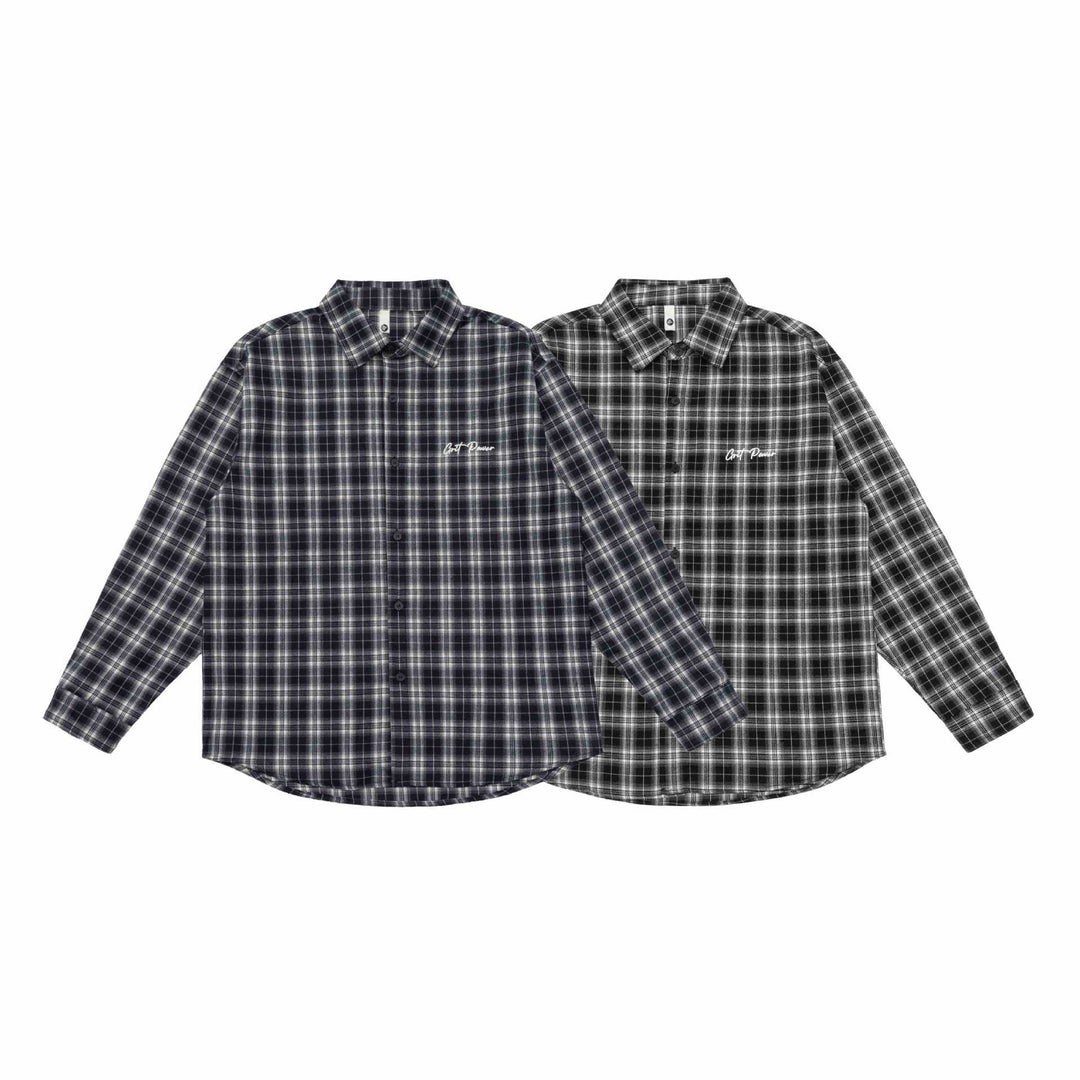 Unisex Kastenförmige Flanell-Hemdjacke mit gerundetem Saum und gesticktem Brustlogo Echoarchiv
