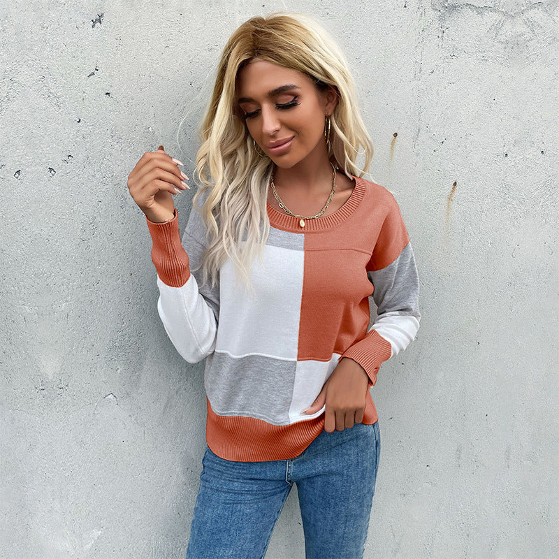 Damen Patchwork-Strickpullover mit kontrastierenden Feldern, Rundhalsausschnitt und gerippten Abschlüssen – Mavelle