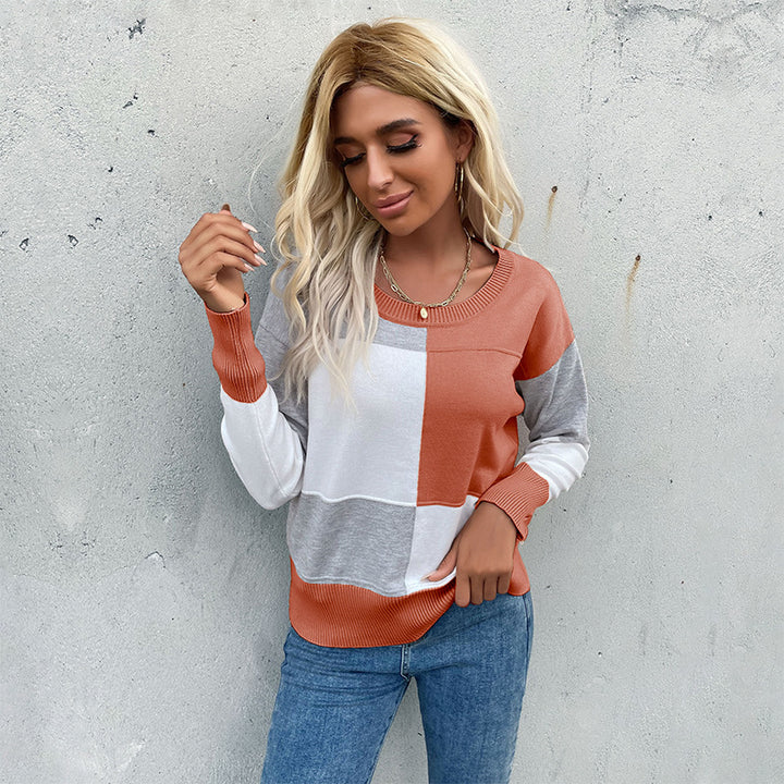 Damen Patchwork-Strickpullover mit kontrastierenden Feldern, Rundhalsausschnitt und gerippten Abschlüssen – Mavelle