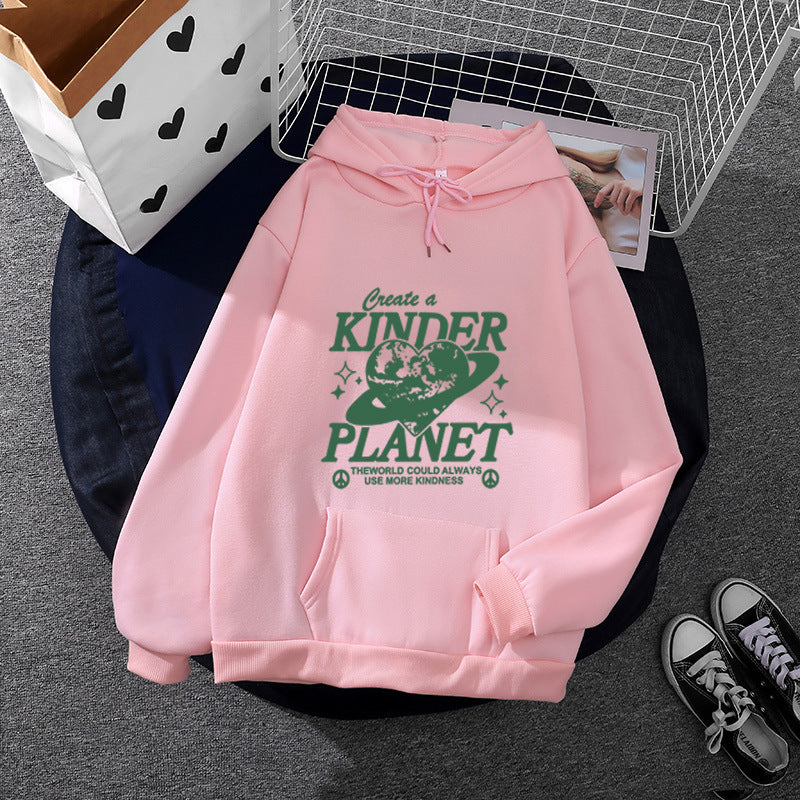 Unisex oversized Kapuzenpullover mit Statement-Print "Kinder Planet", Kängurutasche und weichem Futter – Auréline