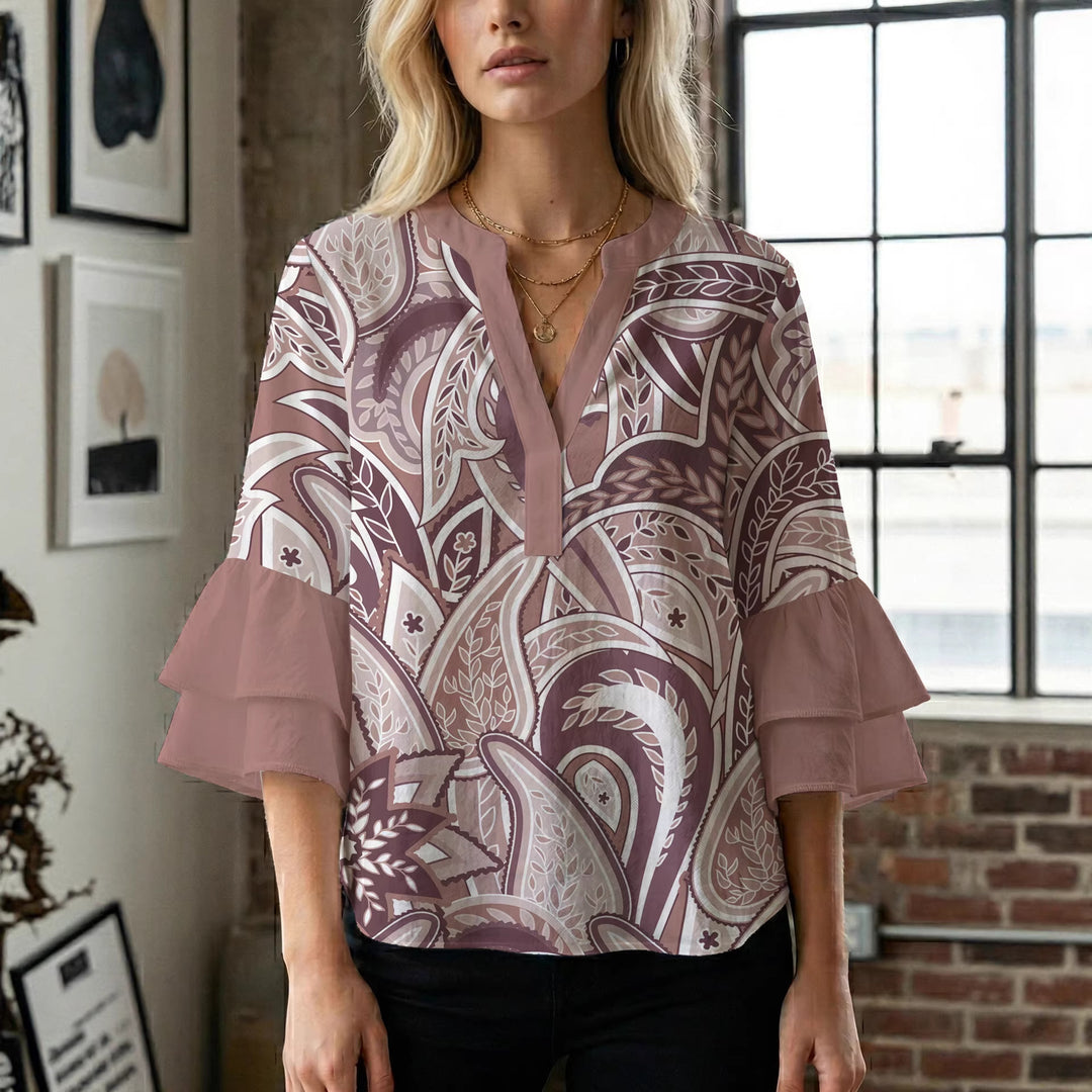 Damen Bluse mit voluminösen Rüschenärmeln und kreativem Floraldesign Echo Archiv