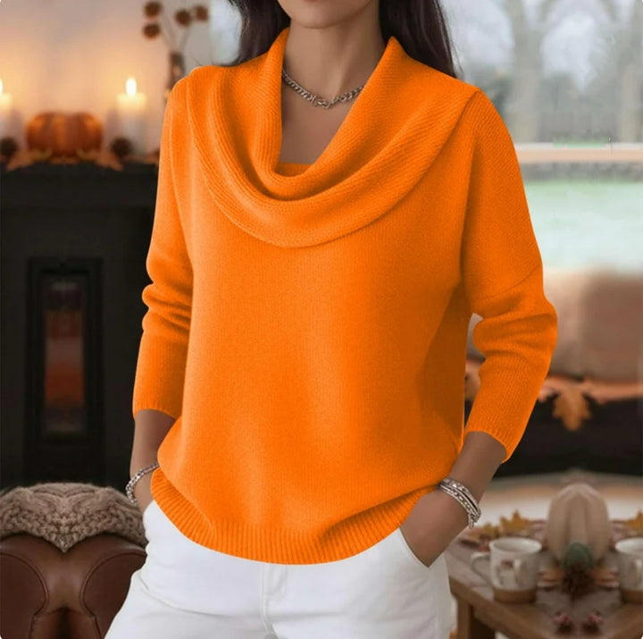 Damen Lässiger Schalkragen-Feinstrickpullover mit überschnittener Schulter und geripptem Saum – Mavelle
