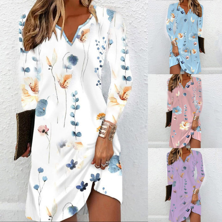 Damen Florales V-Ausschnitt Midikleid mit asymmetrischem Saum und Langarm Echoarchiv