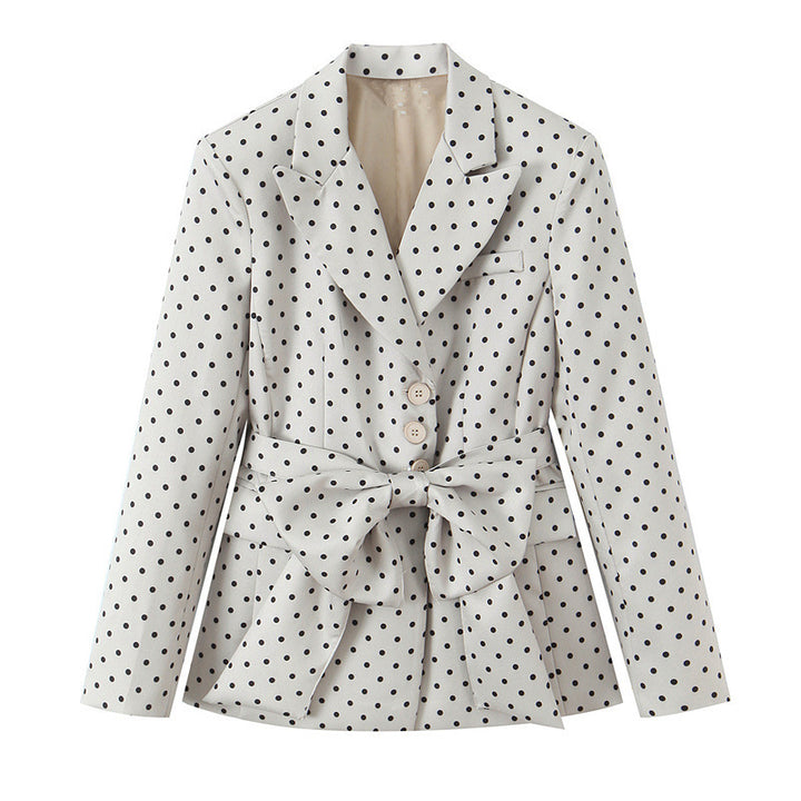 Damen Taillierter gepunkteter Blazer mit Bindegürtel und Reverskragen Echo Archiv