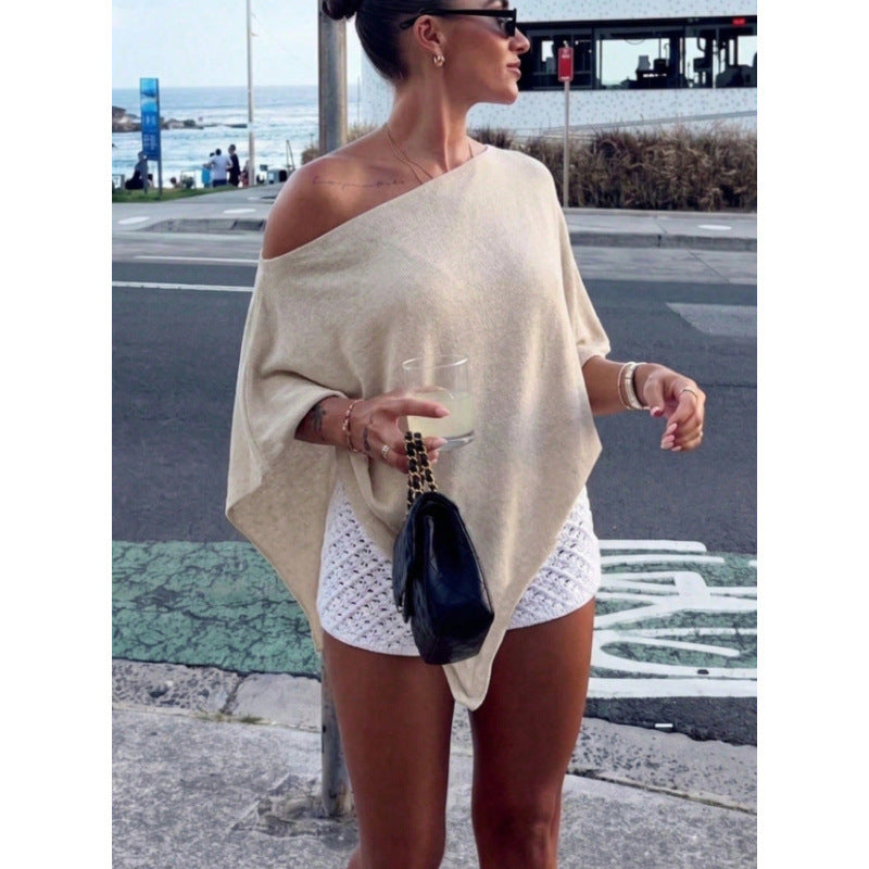 Damen Asymmetrisches Off-Shoulder Poncho-Top aus leichtem Strick Echoarchiv