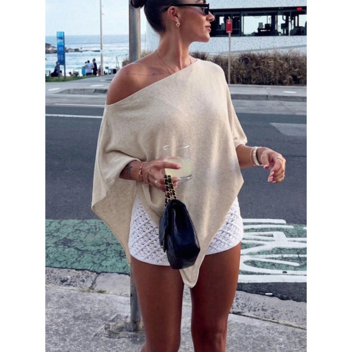 Damen Asymmetrisches Off-Shoulder Poncho-Top aus leichtem Strick Echoarchiv