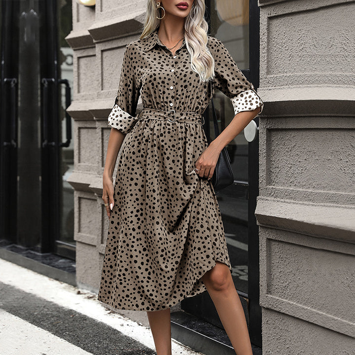 Damen Midikleid mit Hemdblusen-Design, tailliertem Gürtel & verspieltem Tupfenmuster Echoarchiv