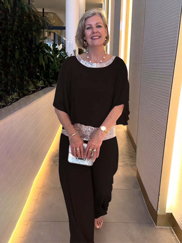 Damen Elegantes Zweiteiliges Abendensemble mit Chiffon-Cape, Paillettenbesatz und Palazzo-Hose Echoarchiv