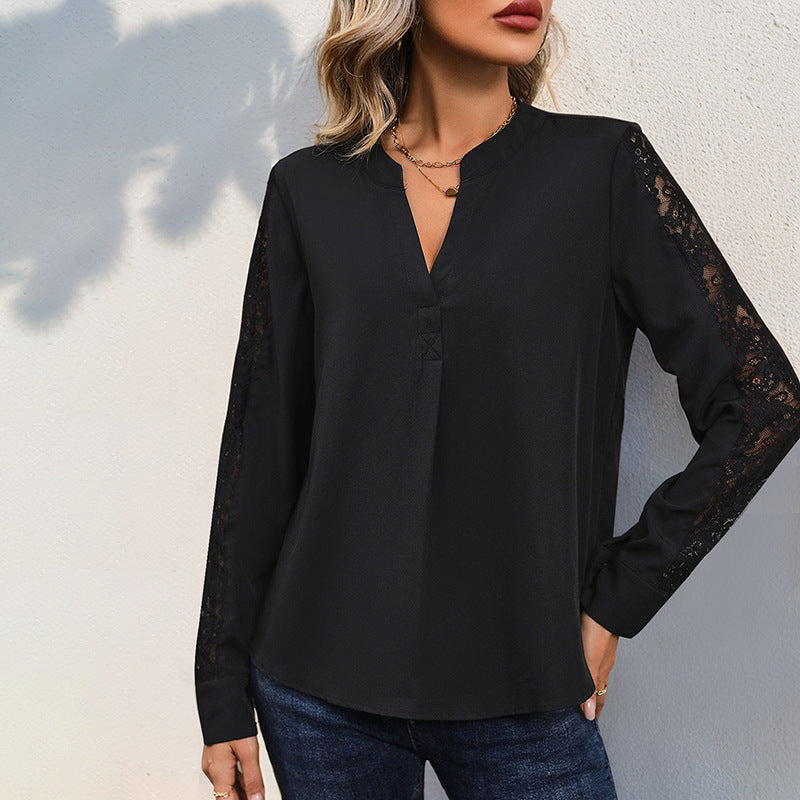 Damen Elegante Chiffonbluse mit Stehkragen, V-Ausschnitt und Spitzenbesatz an Ärmeln Echoarchiv