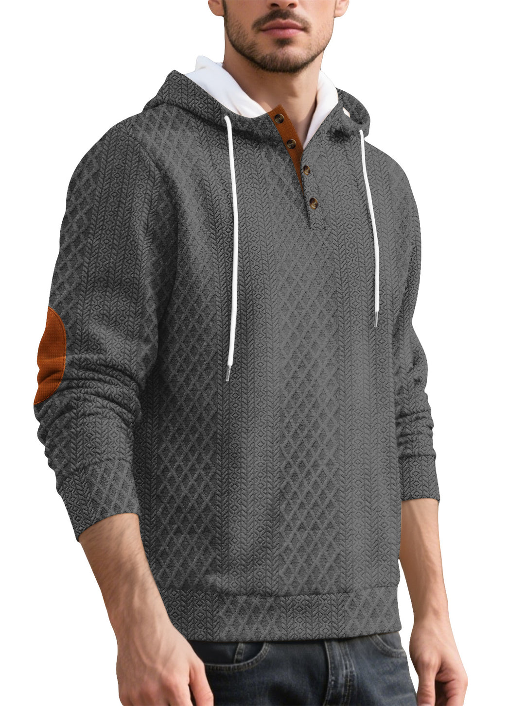 Herren nan Diamond-Struktur Kapuzenpullover mit Kurzknopfleiste, gesteppter Kapuzeninnenkante und Wildleder-Ellbogenpatch Echo Archiv