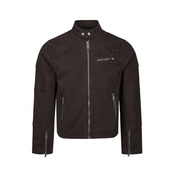 Herren Kurz geschnittene Biker‑inspirierte Baumwolljacke mit Stehkragen, Quilt‑Einsätzen und Reißverschlusstaschen Echo Archiv