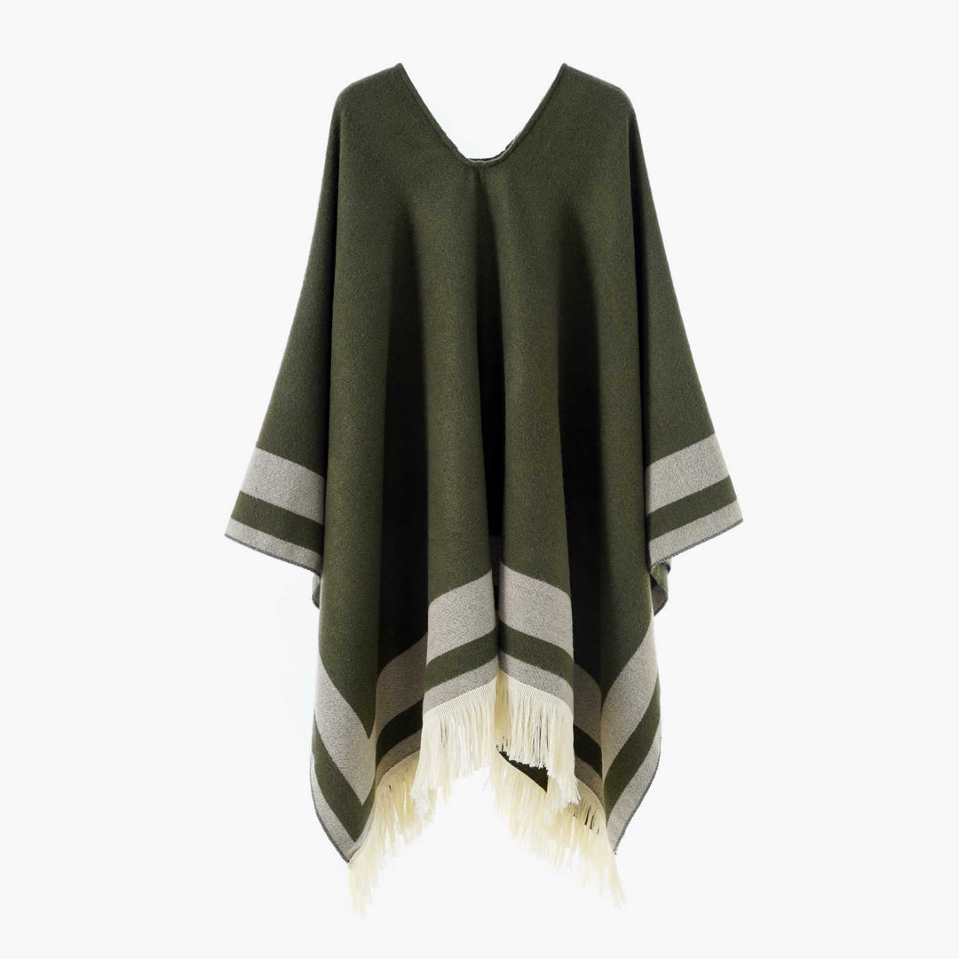 Damen Oversize Poncho-Cape mit V-Ausschnitt und Fransensaum – Avérine