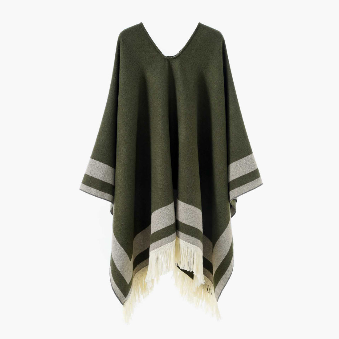 Damen Oversize Poncho-Cape mit V-Ausschnitt und Fransensaum – Avérine