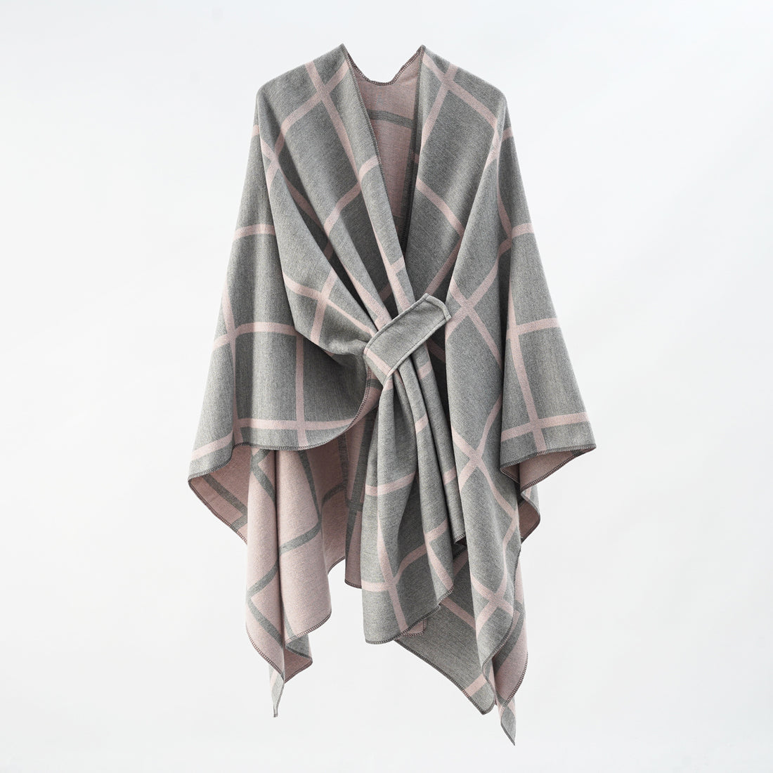 Damen Oversize Wollmix Poncho mit Gürtel und Karomuster – Célinea
