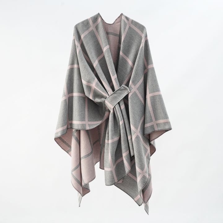 Damen Oversize Wollmix Poncho mit Gürtel und Karomuster Echo Archiv