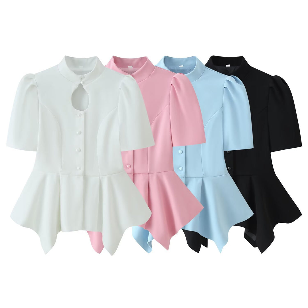 Damen Taillierte Bluse mit Stehkragen, Cut-Out-Ausschnitt und asymmetrischem Schößchen Echo Archiv