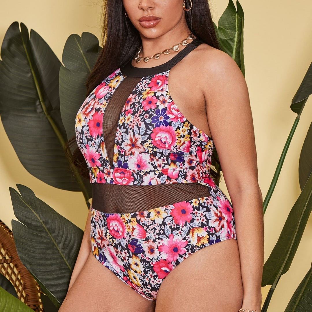Damen Einteiler Badeanzug mit floralem Design und transparenten Einsätzen Echo Archiv