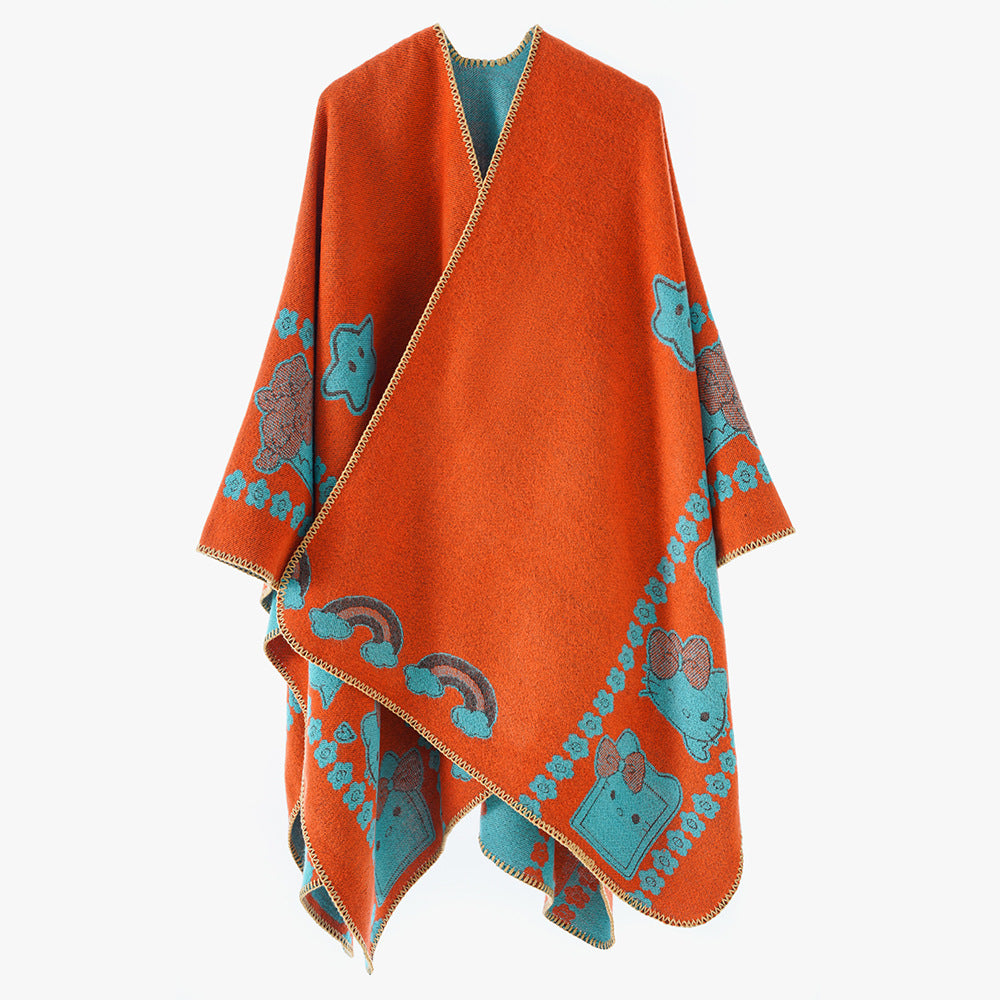 Damen Oversize-Poncho mit Jacquard‑Tiermotiv und asymmetrischem Zipfelsaum Echo Archiv