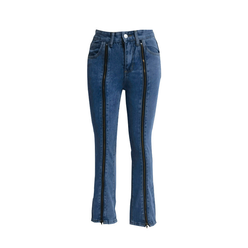 Damen nan Jeanshose mit durchgehenden Front-Reißverschlüssen, hoher vorderer Beinöffnung und ausgestelltem Schlag Echo Archiv