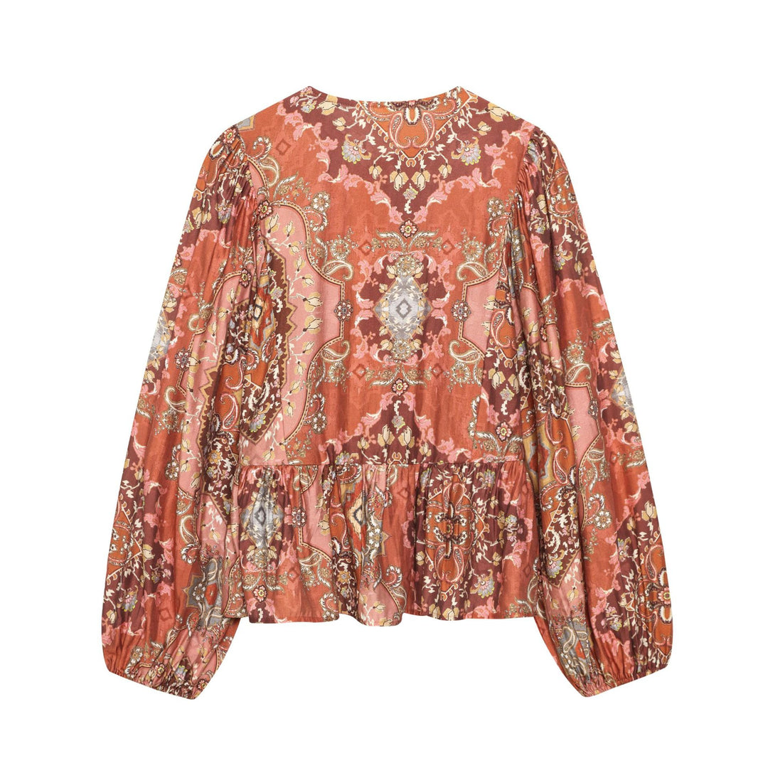 Damen Boho-Bluse mit Paisley-Print, Bindeband-Ausschnitt, geraffter Taille und voluminösen Ballonärmeln – Élovi