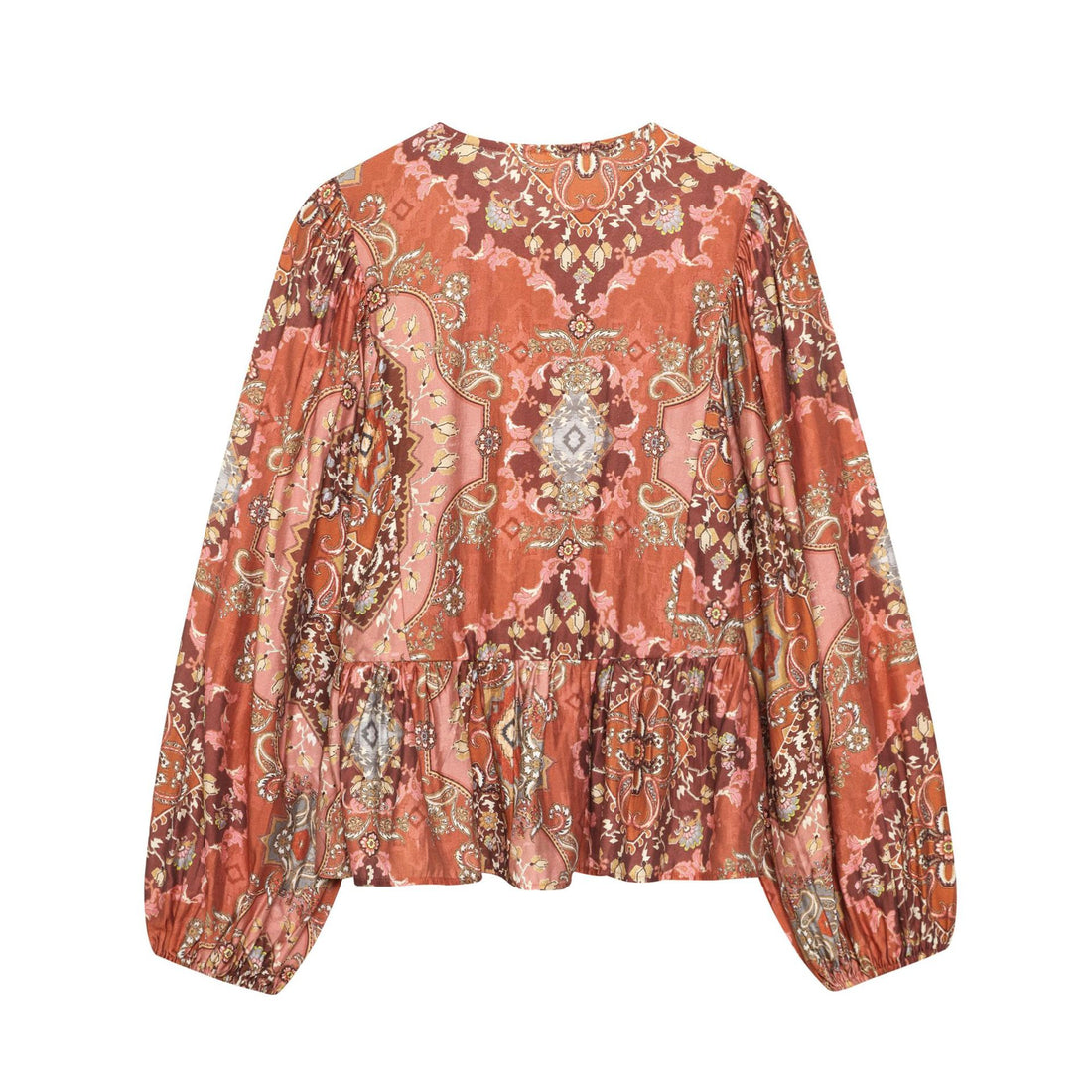 Damen Boho-Bluse mit Paisley-Print, Bindeband-Ausschnitt, geraffter Taille und voluminösen Ballonärmeln – Élovi