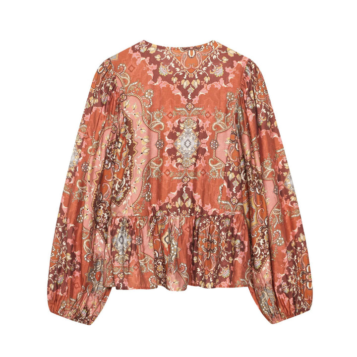 Damen Boho-Bluse mit Paisley-Print, Bindeband-Ausschnitt, geraffter Taille und voluminösen Ballonärmeln – Élovi