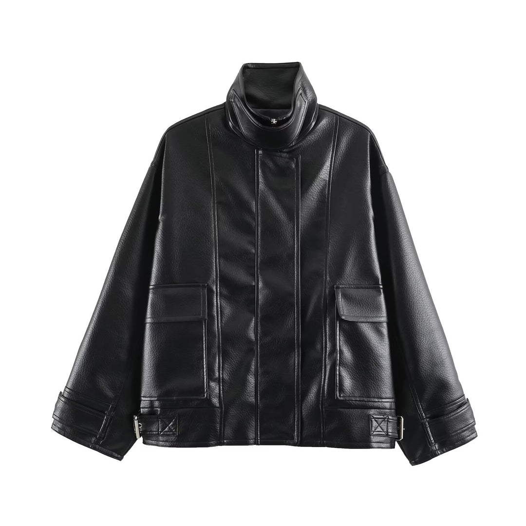 Damen Oversize Kunstlederjacke mit hohem Stehkragen, aufgesetzten Taschen und verstellbaren Schnallen Echo Archiv