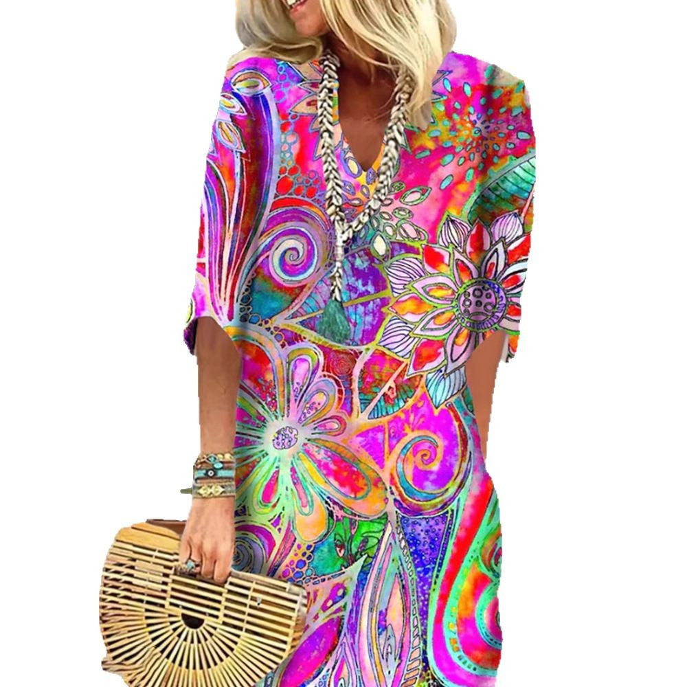 Damen nan leichtes Boho-Kaftankleid mit V-Ausschnitt, lockerer Silhouette und dreiviertelärmeln Echo Archiv