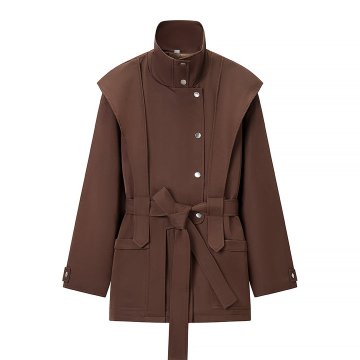 Damen Taillierte Übergangsjacke mit Stehkragen, Schultercape und Bindegürtel Echo Archiv