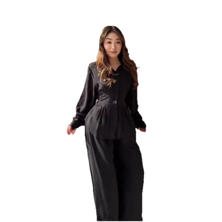Damen Elegantes zweiteiliges Satin-Loungewear-Set mit taillierter Bluse und weitem Hosenbein Echoarchiv